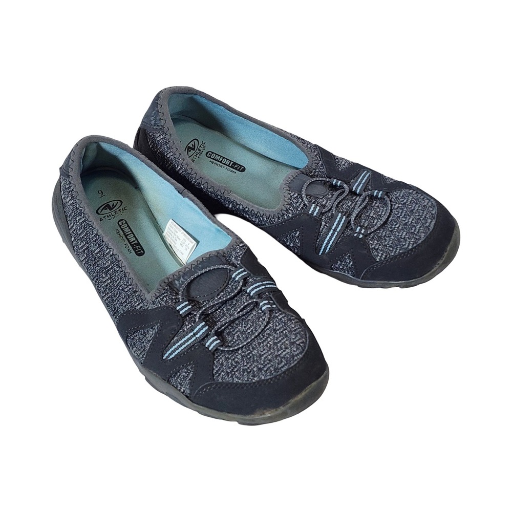 Athletic Works Comfort Fit Memory Foam Slip On Walking‎ Shoes Grey Black Women 9